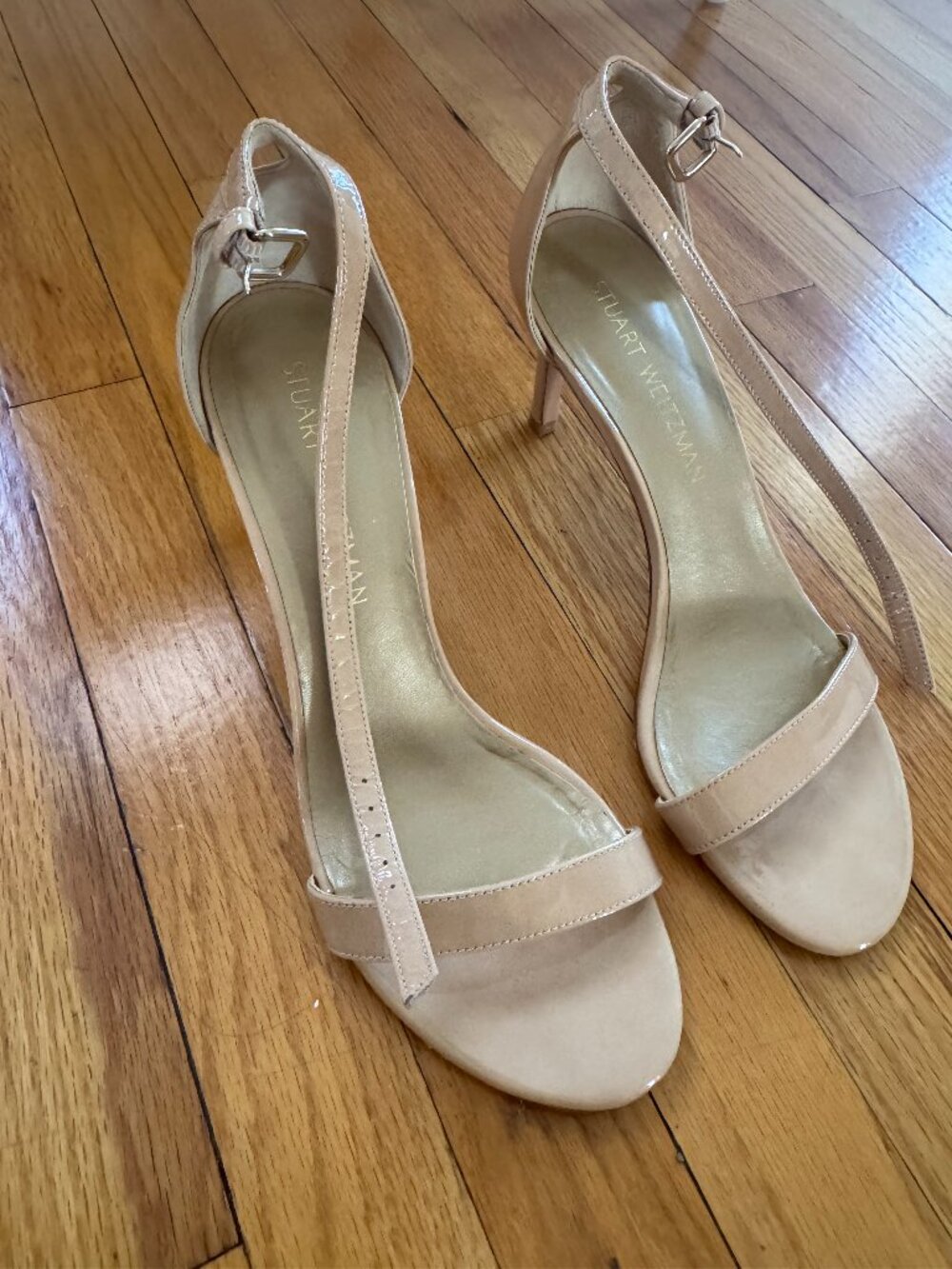 Stuart Weitzman Nude Patent Leather Ankle Strap Stiletto Sandal Size 7.5